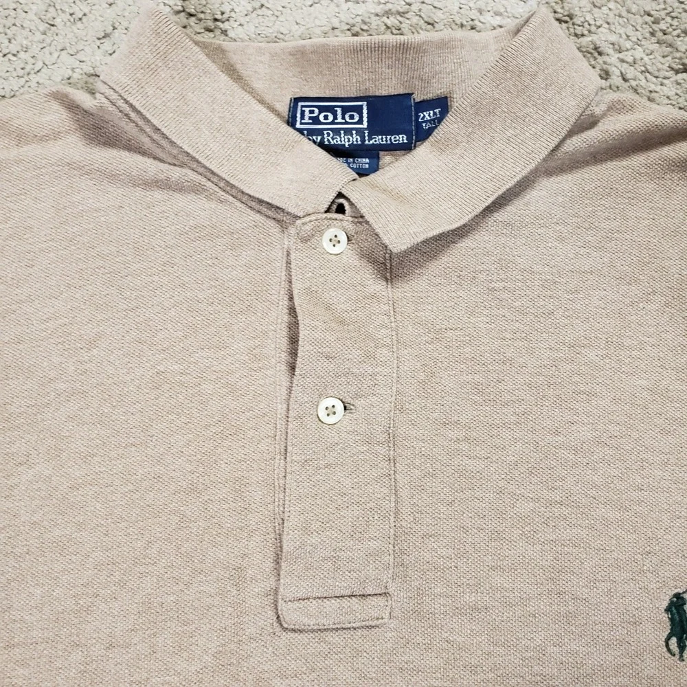 Ralph Lauren Mens 2XLT Tall Tan Green Pony Long Sleeve Pique Polo Shirt